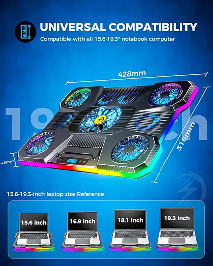 ChillCore Laptop Cooling Pad, RGB Lights Laptop Cooler 9 Fans for 15.6-19.3 Inch Laptops, Gaming Laptop Fan Cooling Pad with 8 Height Stands, 2 USB Ports - A21 Blue