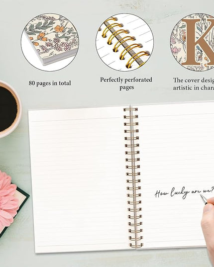 JXREQ Vintage Boho Floral Personalized Notebook, Initial Letter K Notebook Journal, Monogram Notebook, Monogrammed Gifts for Women, Boho Office Supplies, Flower Spiral Notebook 5.5x8.3