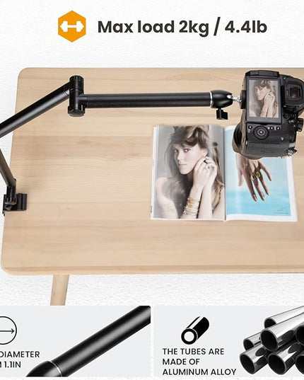 TARION Camera Desk Mount Stand - Articulating Arm, Flexible Overhead Mount, Adjustable Heavy Duty Tabletop DSLR Arm Boom for Flat Photography, Videography, Filming, Live Streaming TKB01