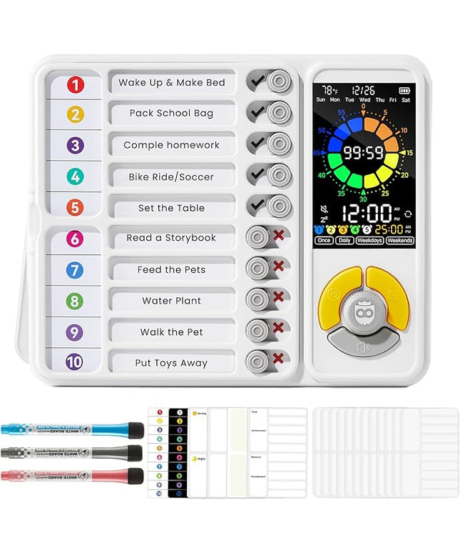3-in-1 Visual Timer & ADHD Tool for Kids and Adults, 12/24H Silent Task Timer with Chore Chart, Visual Schedule for Children with Autism, Daily Checklist with Pomodoro Timer, Alarm Clock - White