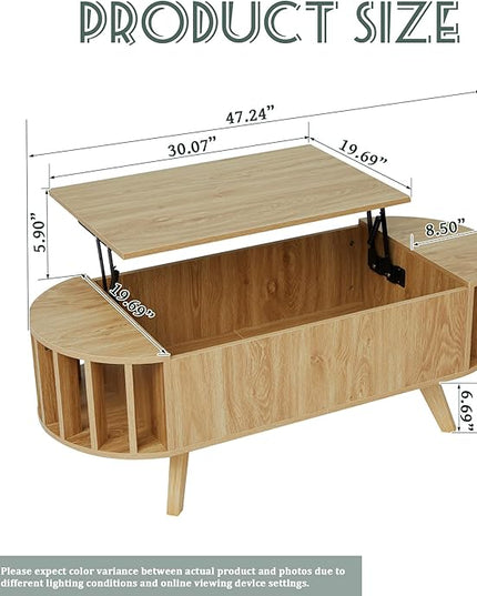 Janmer Home Small Lift Top Coffee Table with Storage, 47.3" Mid Century Modern Curved Coffee Table, Oval Center Table with Lift Tabletop for Living Room, Office (Natural)