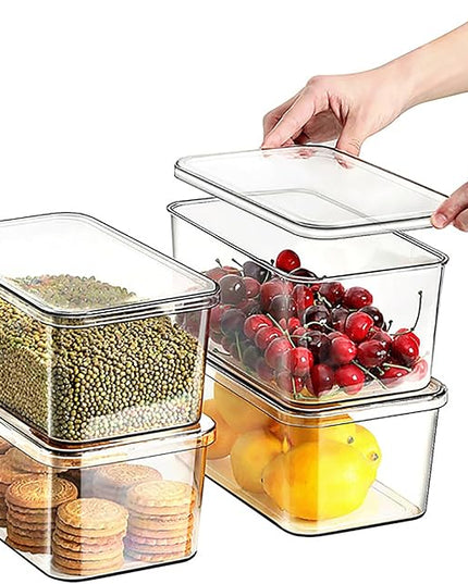 Clear Storage Bins With Lids,4 Packs Food Storage Organizer,Stackable Kitchen Cabinet,Bathroom Basket,Fridge Organization.Pantry Transparent Containers For Fruits,Drinks