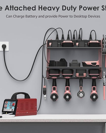 CCCEI Modular Power Tool Organizer Wall Mount with Charging Station. Garage Drill Storage Shelf with Hooks, Heavy Duty Rack, Tool Battery Holder Built in 8 Outlet. Gift for Men. Pink, 1 Pack.