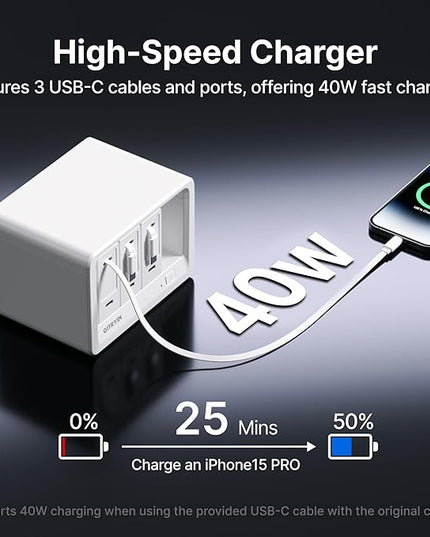 Gitryin 11-in-1 Desktop Charging Station with 3 Retractable Wall Chargers, 40W USB-C Power Strip with 5 AC, 3 USB C, 3 Type-C 33.5in Cables, Extension Cord with 1020J Surge Protection for Home Office
