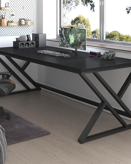 LVB 78.7" Black Computer Desk, Large Industrial Pc Study Home Office Desk, Long Modern Wood Gaming Work Writing Desk for 2 Person, Farmhouse Double Workstation Executive Desk with Storage in Bedroom