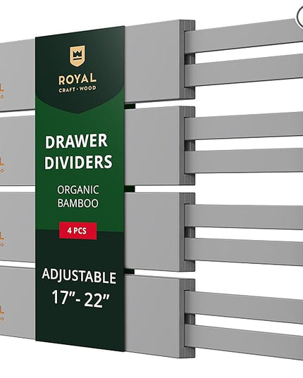 ROYAL CRAFT WOOD Adjustable Bamboo Drawer Dividers Organizers - Expandable Drawer Organization Separators For Kitchen, Dresser, Bedroom, Bathroom and Office, 4-Pack (Large (up to 22")) (Gray)
