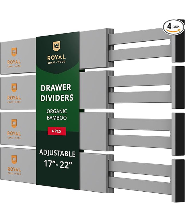 ROYAL CRAFT WOOD Adjustable Bamboo Drawer Dividers Organizers - Expandable Drawer Organization Separators For Kitchen, Dresser, Bedroom, Bathroom and Office, 4-Pack (Large (up to 22")) (Gray)