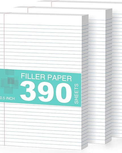 3-Pack White Loose Leaf Paper 390 Sheets Filler Paper 8 * 10.5 College Ruled 3-Hole Punched for 3-Ring Binders Notebook Lined 8" x 10.5"