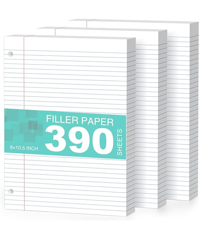3-Pack White Loose Leaf Paper 390 Sheets Filler Paper 8 * 10.5 College Ruled 3-Hole Punched for 3-Ring Binders Notebook Lined 8" x 10.5"