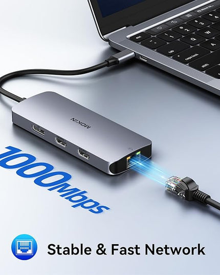 USB C Docking Station Dual HDMI, 8 in 1 Docking Station for 3 Monitors, USB HUB Triple 4K Display with 2 HDMI and 1 Displayport, 1 Gbps Ethernet, 100W PD Charging, 3 USB 3.0 Ports for Dell, HP, Lenovo