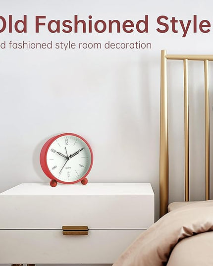 Analog Alarm Clock, 4 inch Super Silent Non Ticking Small Clock with Night Light, Battery Operated, Simple Design, Old Fashioned Style Wine-red Decor, for Bedroom, Bedside, Desk, Adult, Kid, Gift, Red