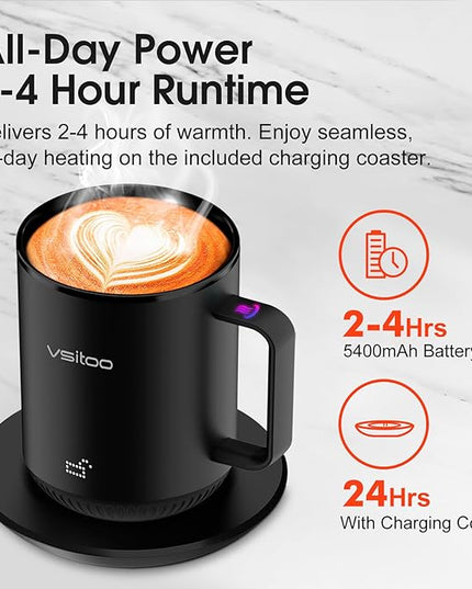 Vsitoo S3 12oz Heated Mug - Temperature Control Smart Mug with Mug Warmer, Perfect for Espresso, Auto-Sensing AI Heats Drinks to 120-150°F Hands-Free.Ideal for Home/Office/Gifts，Black