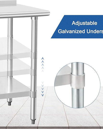 HARDURA Stainless Steel Prep & Work Table 30 x 60 Inches NSF Heavy Duty Commercial with Undershelf and Backsplash, Galvanized Legs for Commercial Food Prep