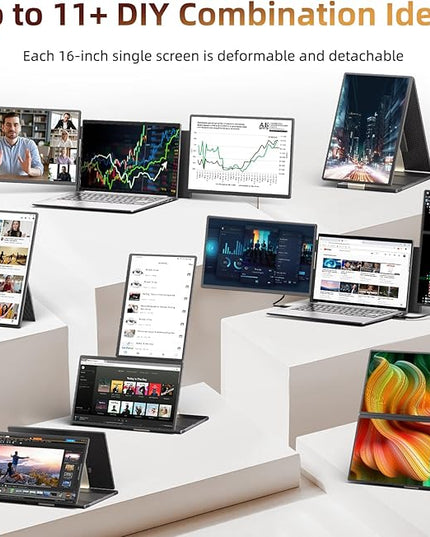 Laptop Screen Extender 2.5K Monitor - 16" Triple Portable Monitor 2560x1600P QHD 100% sRGB IPS 235° Rotation Detachable Screen Design Extra Compatible with Mac Wins Dex Chrome Fits 13"-17" Laptops