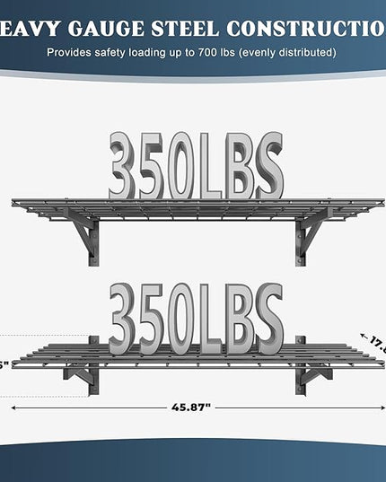 2 Pack Heavy Duty Garage Wall Shelving Set (1.5x4ft), Wall Mounted Garage Shelves 700lbs Capacity, 18"x48" Shelf Storage Rack Floating Shelves, Black