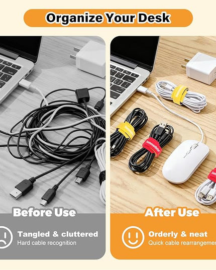 70 Pack Multi-Color Cable Ties 8 Inch with Writable Labels, Reusable Cord Organizer Straps, Hook & Loop Wire Management for TV, Audio, Ethernet, Electronics & Heavy Duty Cords