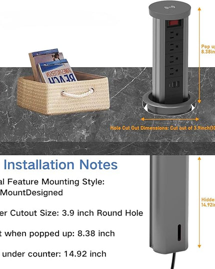 Pop up Outlet for countertop 4.72in Desk Grommet Power Station PD20W USB C 4 Outlets 3 USB Ports 1 Wireless charger 15A Outlets Fast charging Space Saver Outlet for Kitchen Office 6ft Cord