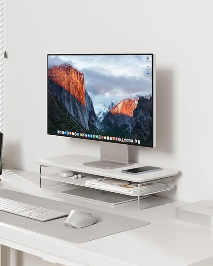 Fenge Acrylic Monitor Stand Riser, 23.6 Inches Monitor Stand with Metal Storage, 2 Tier Acrylic Computer Riser for Desk, Clear Laptop Stand for PC, Laptop, Printer, TV, White