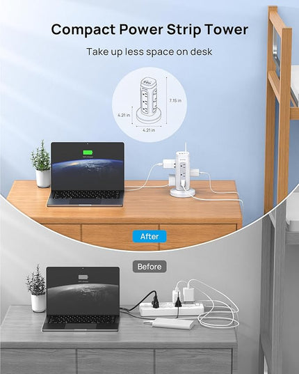TROND Retractable Power Strip Tower - Surge Protector with USB C Ports PD 20W, 5ft Flat Plug Extension Cord with 12 Outlets, 4 USB, 1700J Protection, Home Office Desk Supplies, Dorm Room Essentials