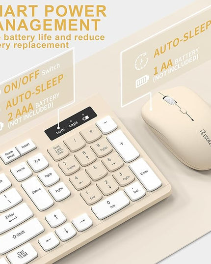 Wireless Keyboard and Mouse Combo, Full-Sized Wireless Keyboard and Adjustable DPI Mouse, 2.4GHz USB Receiver, Keyboard and Mouse for PC, Windows, Desktop, Laptop (Latte Color)