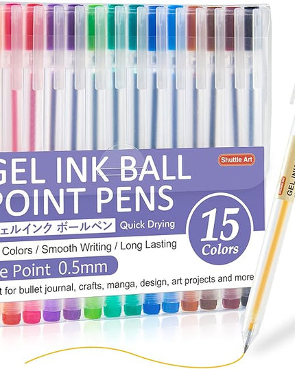 Shuttle Art Gel Ink Ball Point Pens, 15 Colors Japanese Style Pens, 0.5mm Fine Ballpoint Pens Quick Drying for Writing Journaling Home, School and Office Stationery Supply