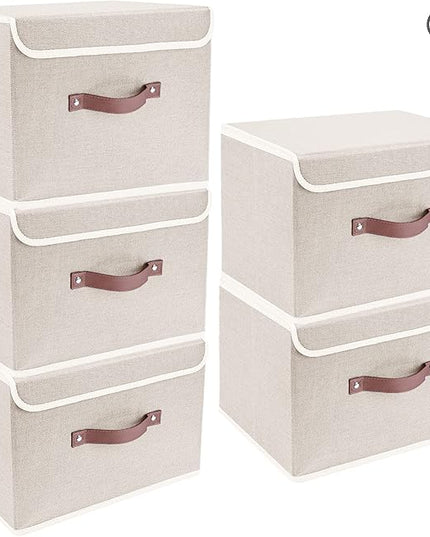 TYEERS Foldable Storage Boxes with Lids 5 Pack Fabric Storage Bins with Lids, Closet Organizers for Clothes Storage, Room Organization, Office Storage, Toys - Beige
