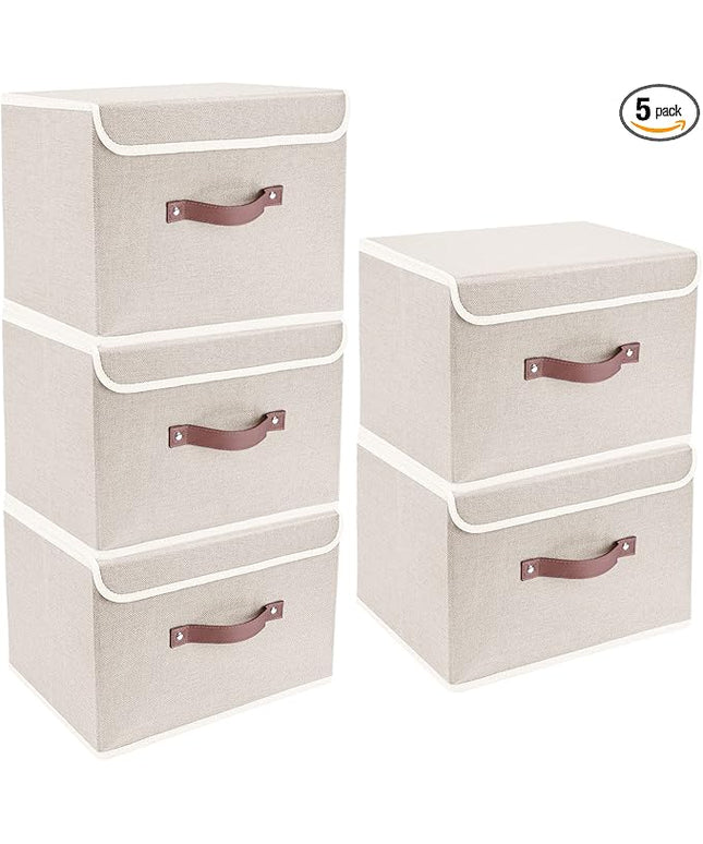 TYEERS Foldable Storage Boxes with Lids 5 Pack Fabric Storage Bins with Lids, Closet Organizers for Clothes Storage, Room Organization, Office Storage, Toys - Beige