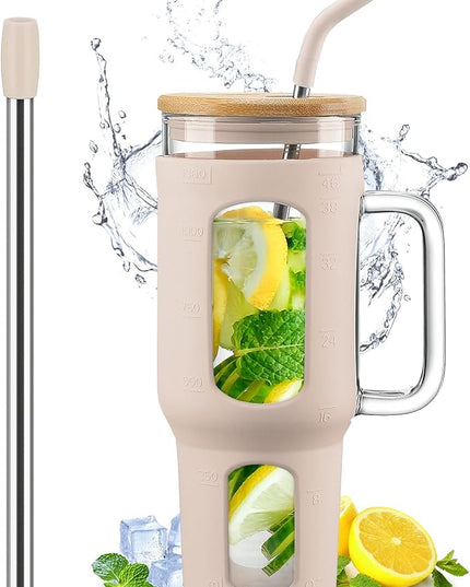 Glass Tumbler with Lid and Straw, 46 oz Iced Coffee Cup with Handle, Large Water Bottles with Silicone Sleeve, Glass Cup with Straws - Pearl Straw & Drinking Straw BPA Free-Amber