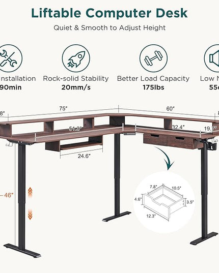 RedLemon 75X60 Inches L Shaped Electric Standing Desk, Height Adjustable Corner Gaming Desk with Drawers, Keyboard Tray, Power Outlets & LED Lights, Computer Desk with Monitor Shelf, Dark Walnut
