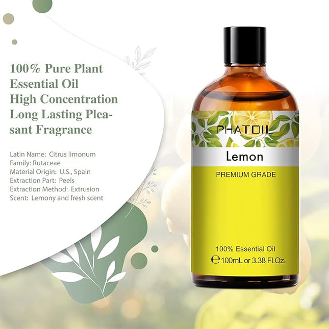 PHATOIL 3.38FL.Oz Lemon Essential Oil, for Aromatherapy Diffusers, Humidifiers, Great for DIY Candle and Soap Making, Gift for Friend