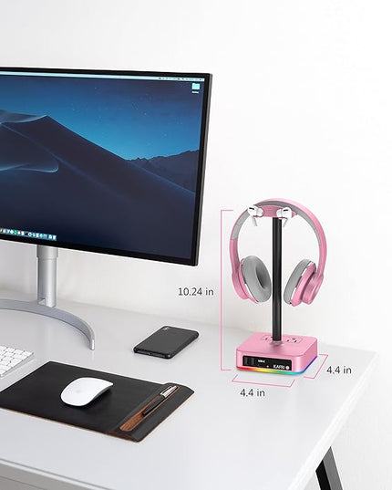 KAFRI RGB Headphone Stand with USB Charger Desk Gaming Headset Holder Hanger Rack with 3 USB Charging Port and 2 Outlet - Suitable for Gamer Desktop Table Game Earphone Accessories Girlfriend Gift