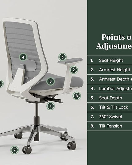 Branch Ergonomic Chair - A Versatile Desk Chair with Adjustable Lumbar Support, Breathable Mesh Backrest, and Smooth Wheels - Experience Optimal Comfort and Support - Pebble - White
