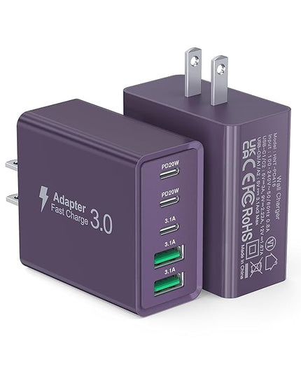 [2Pack] 60W USB C Plug,5-Port Fast Charger Block PD+QC Cube Wall Charging Box Brick for iPhone 17/16/15/14/13 for Samsung Galaxy S25/S24/S23/S22/S21+/S21 Ultra, Magsafe Wireless Charger,(Purple)