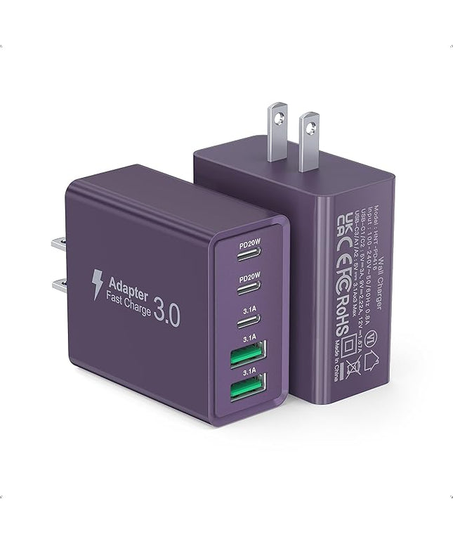 [2Pack] 60W USB C Plug,5-Port Fast Charger Block PD+QC Cube Wall Charging Box Brick for iPhone 17/16/15/14/13 for Samsung Galaxy S25/S24/S23/S22/S21+/S21 Ultra, Magsafe Wireless Charger,(Purple)