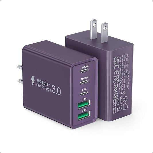 [2Pack] 60W USB C Plug,5-Port Fast Charger Block PD+QC Cube Wall Charging Box Brick for iPhone 17/16/15/14/13 for Samsung Galaxy S25/S24/S23/S22/S21+/S21 Ultra, Magsafe Wireless Charger,(Purple)