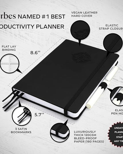 Smart Planner Pro – Undated Daily Planner – Small A5 – Achieve Goals & Increase Productivity – Weekly, Monthly, Work Sections, Organizer Diary with Back Pocket, 3 Satin Bookmarks & Pen Holder