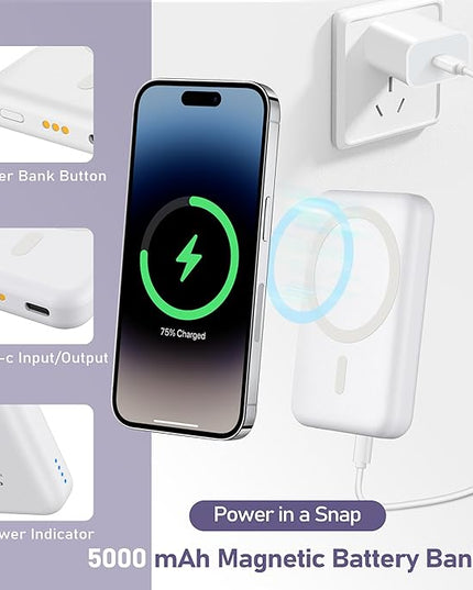 3 in 1 Wireless Charging Station: 5000mAh Removable Power Bank Charger Stand for Phone/Watch/Air Pods - Portable Magnetic Battery Pack for Air 17 16 15 14 13 12 Series White