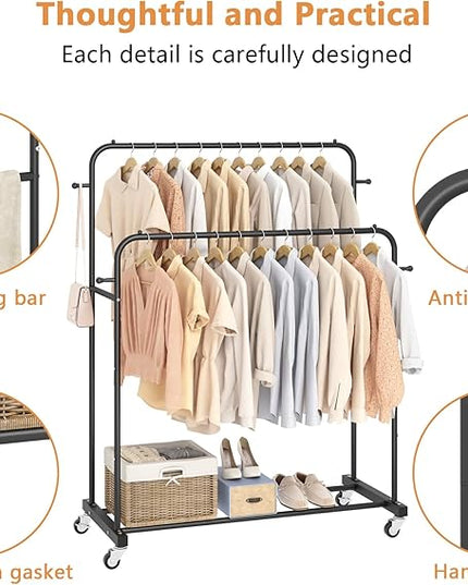 Laiensia Double Rods Garment Rack with Wheels, Clothing Rack for Hanging Clothes,4 Hooks, Multi-functional Bedroom Clothes Rack, Black