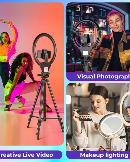 Sensyne 10'' RGB Ring Light with 50'' Extendable Tripod Stand, Circle Lights with Phone Holder for Live Stream/Makeup/YouTube Video/TikTok, Compatible with All Phones