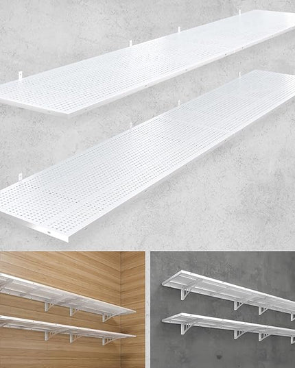 4-Pack 1.5x4ft Heavy Duty Garage Wall Shelving, 1000 lbs Load Capacity, Garage Shelving Wall Mounted, Storage Rack with Hooks, White