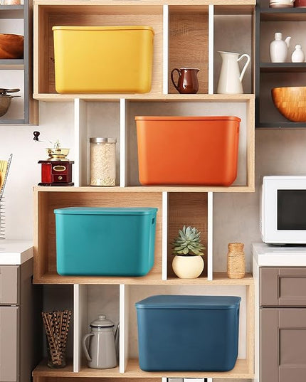 Hoolerry 8 Pieces Colorful Storage Bins with Lid, Plastic Storage Basket Organizing Container Stackable Box with Handle for Shelves Desktop Playroom Office(14.2 x 10.2 x 9.5 Inch,Multi-colored)