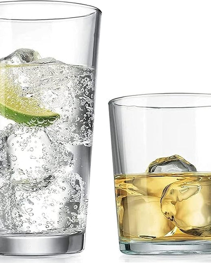 Glaver's Drinking Glasses Set of 12. Glassware set, 6 Highball Glass Cups, 6 Whiskey glasses. Classic Drinkware Set 17 oz Tall Glasses Set and 13 oz Rock Glasses.