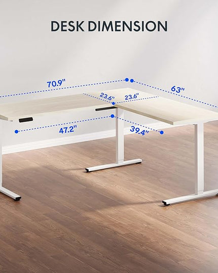 FLEXISPOT L Shaped Standing Desk, 71 x 63 Inch Electric Height Adjustable Corner Desk, Sit Stand Computer Workstation, Preset Controller, Home Office, White Frame with Maple Top