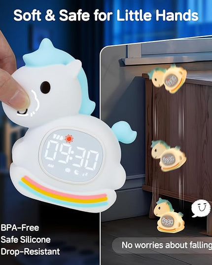 Alarm Clock for Kids with Night Light, Sleep Training Clock Time to Wake Clock, Rechargeable Silicone Light for Bedroom, Perfect Sleep Companion for Boys Girls, Blue Pony