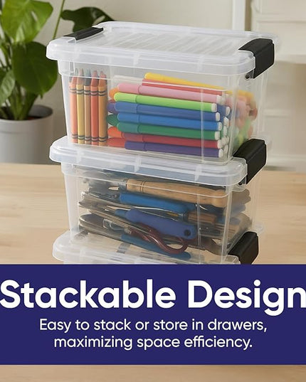 Superio Mini Storage Container Plastic Crayon Box Art Supplies and Sewing Case Stackable Clear Small Organizer for Beads, Stationery, Chalk, and Food, 1.4 Quart, 6 Pack