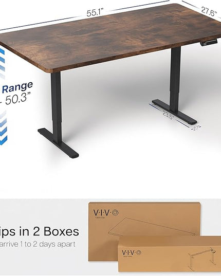 VIVO Electric 55 x 28 in Dual Motor Sit Stand Desk, Memory Height Adjustment, 2B Series, Rustic Vintage Brown Top Black Frame, DESK-KIT-2B55N