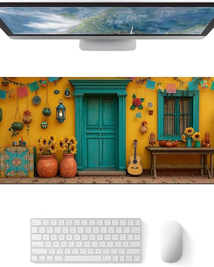 Mouse Pad Gaming Mousepad 31.5 x 11.8 Inch Mexican Courtyard Floral Artwork Diatomite Large Keyboard Desktop Mat XL Mouse Pad for Home and Office Desk Accessories