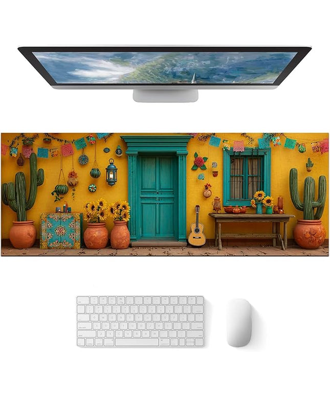 Mouse Pad Gaming Mousepad 31.5 x 11.8 Inch Mexican Courtyard Floral Artwork Diatomite Large Keyboard Desktop Mat XL Mouse Pad for Home and Office Desk Accessories