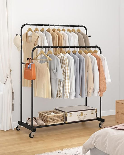Laiensia Double Rods Garment Rack with Wheels, Clothing Rack for Hanging Clothes,4 Hooks, Multi-functional Bedroom Clothes Rack, Black