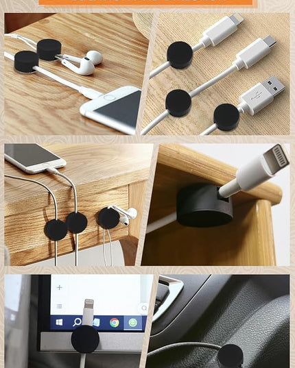 Maveek 5 Pcs Magnetic Cord Holder Cable Management, Strong Cable Clips Magnets Metal Plate, Adhesive Wire Organizers for Nightstand Desktop Wall Kitchen USB LAN (Black)
